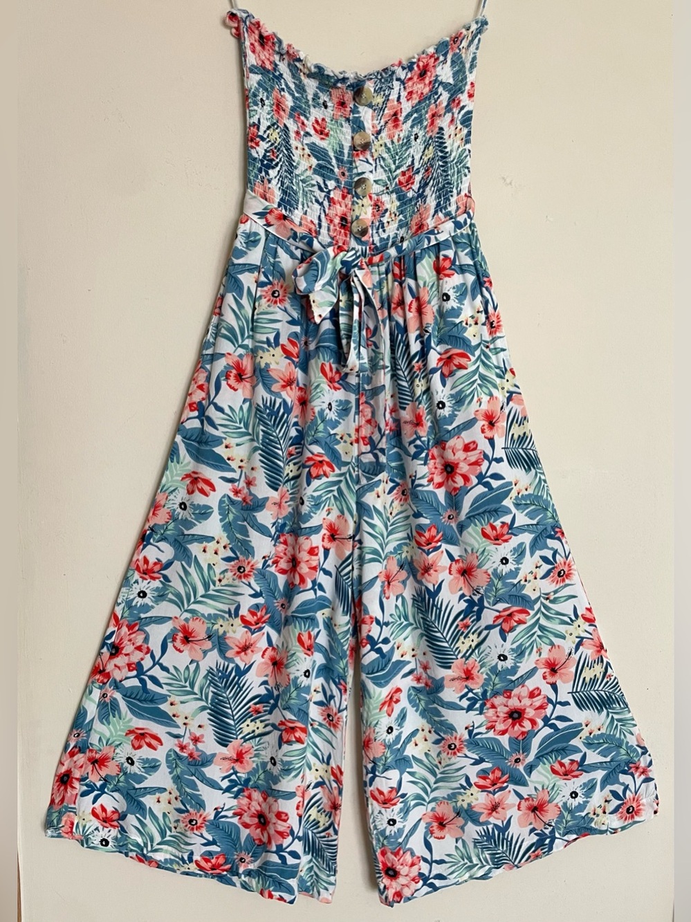 Blue Island Floral Strapless Smocked Top Jumpsuit